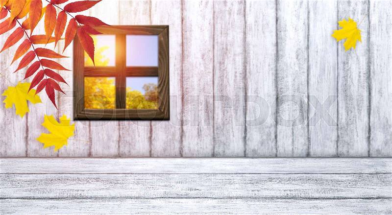 Room interior with window on wooden wall background in Shabby Chic style and autumnal leaves. Autumn sunny day. Empty space for your decoration, text or advertising, stock photo