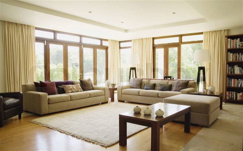 Empty living room with large windows can be as background, stock photo
