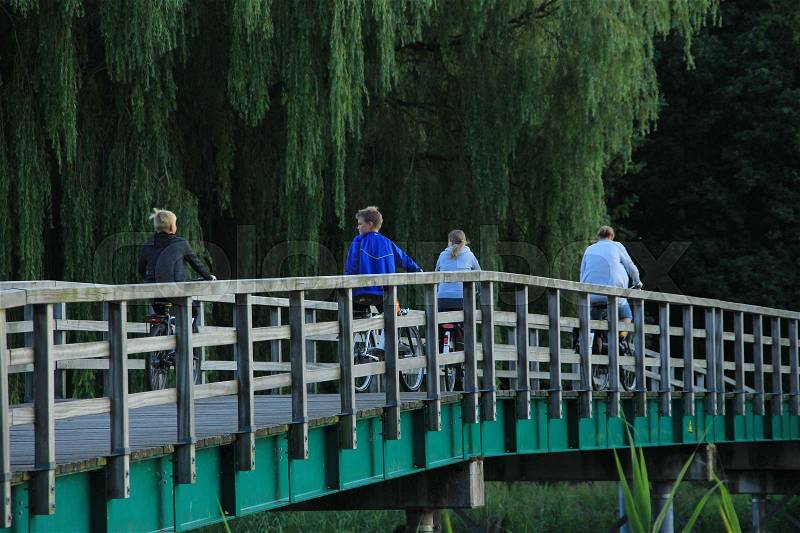 The ladies with the two sons are cycling over the bridge in the park of the city Abbenbroek in the summer, stock photo