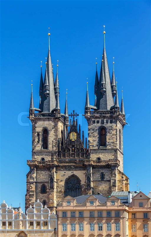 Church of Our Lady before Tyn Chram Matky Bozi pred Tynem . Czech Republic, first Gothic building in Bohemia, about the year 1230, today there is the National Gallery, stock photo