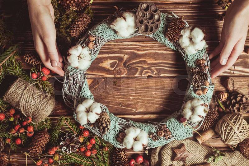 Nature components wreath - preparation for making natural eco decorations with lace, stock photo