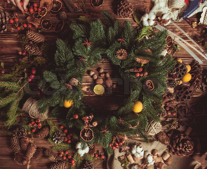 Nature components wreath - preparation for making natural eco decorations, stock photo