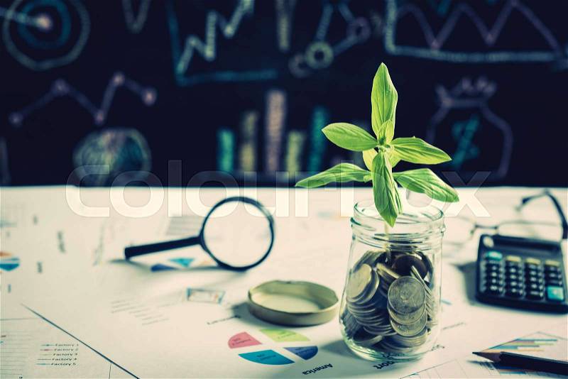 Tree growing on coin in a bottle on financial chart report with magnifying glass and calculator in background, idea for business growth concept, stock photo