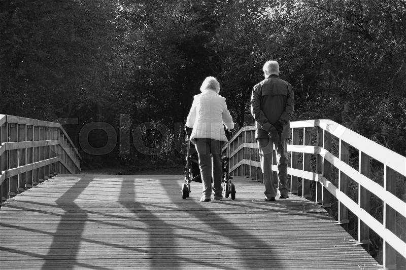 The elderly couple, man and wife with rollator are walking over the bridge in the park of the village Abbenbroek in the beautiful autumn in black and white, stock photo