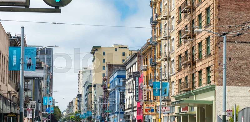 SAN FRANCISCO - AUGUST 6, 2017: Market Street colourful buildings. The street is a famous city tourist attraction, stock photo