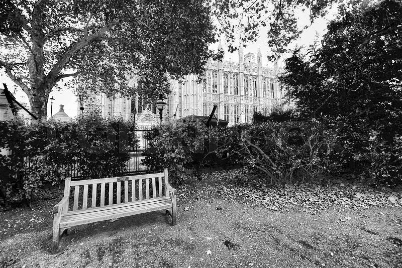 Empty bench near Westminster, London park, stock photo