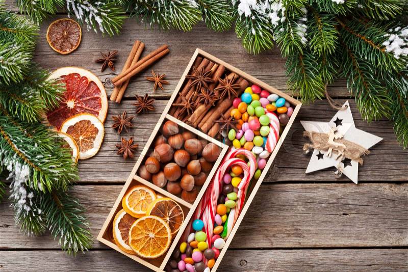 Christmas food decor. Xmas cooking table and fir tree. Top view, stock photo