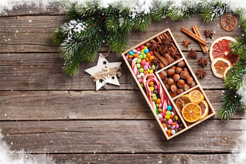 Christmas food decor. Xmas cooking table. Top view with copy space for your greetings, stock photo