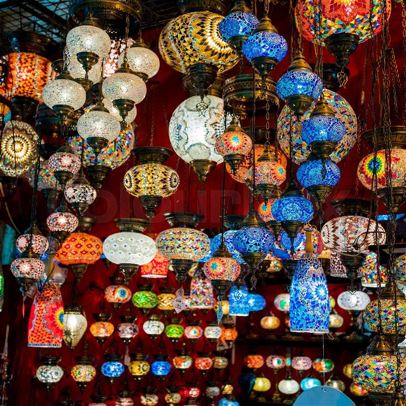 Oriental lamps on a bazaar. traditional handmade lamps in souvenir shop, stock photo