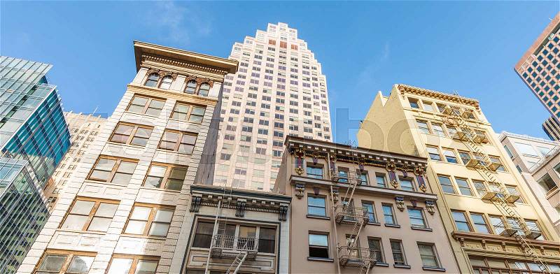 Buildings of San Francisco from street level, stock photo