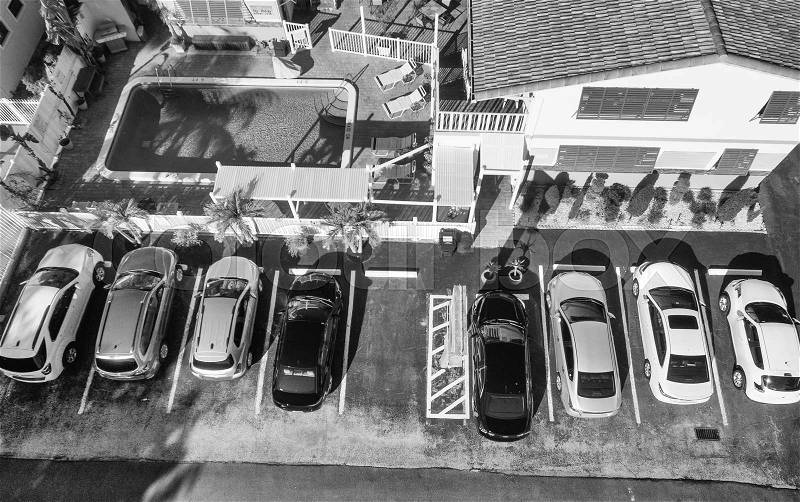 Parking with access to buildings - Overhead view, stock photo