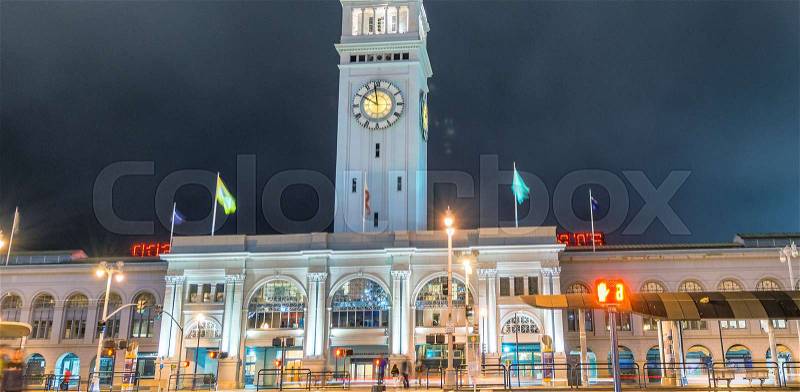 Ferry Building Marketplace at night, San Francisco, stock photo