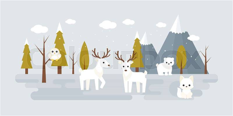 Forest landscape in winter with wild animal such as owl, reindeer, bear and fox in flat design, vector