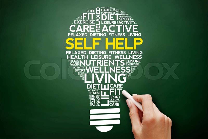 Self Help bulb word cloud collage, health concept on blackboard, stock photo