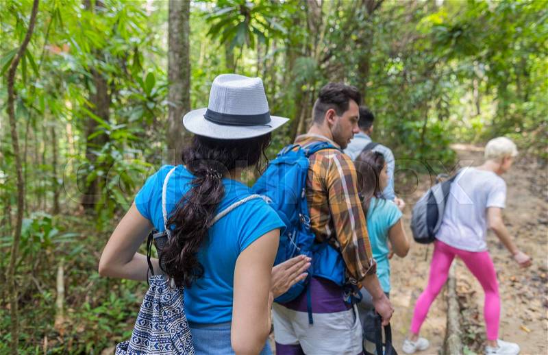 People Group With Backpacks Trekking On Forest Path Back Rear View, Mix Race Young Men And Woman On Hike Tourists Adventure Activity, stock photo