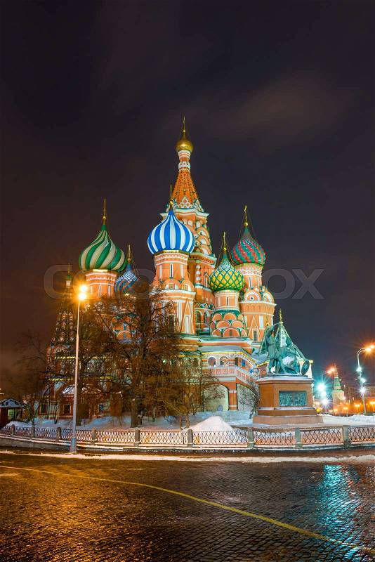 Night view of the beautiful St. Basil\'s Cathedral on Red Square in Moscow, Russia, stock photo