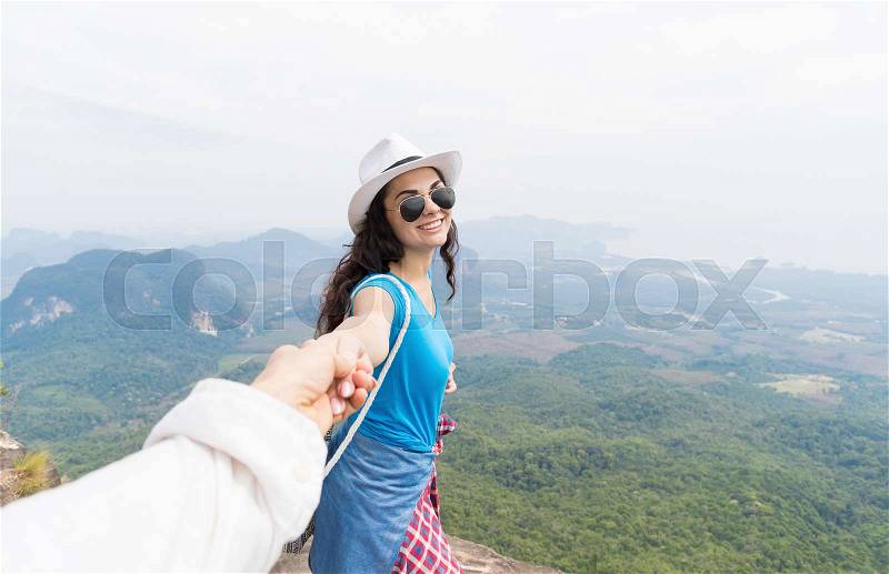 Man Hold Woman Hand, Tourist Couple On Mountain Top Happy Smile Enjoy Beautiful Landscape, Young Guy And Girl On Hike, stock photo