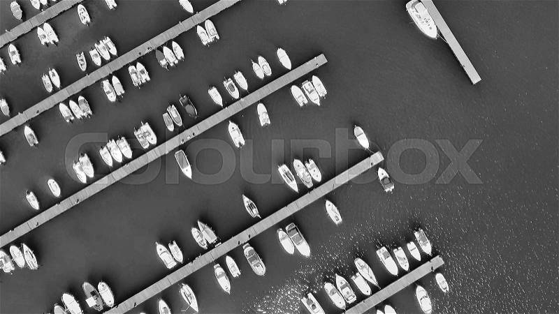 Overhead view of docked boats in the port, stock photo