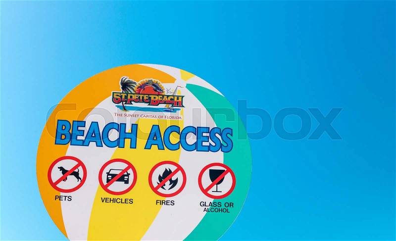 ST PETERSBURG, FL - FEBRUARY 5, 2016: Beach access sign. St Pete beach is a famous attraction in Florida, stock photo