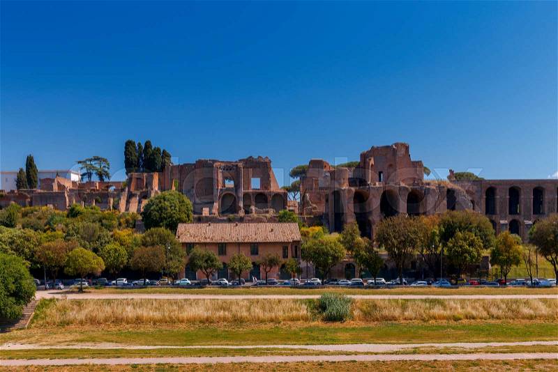Kind of ruins on Palatine Hill on a sunny day. Italy. Rome, stock photo