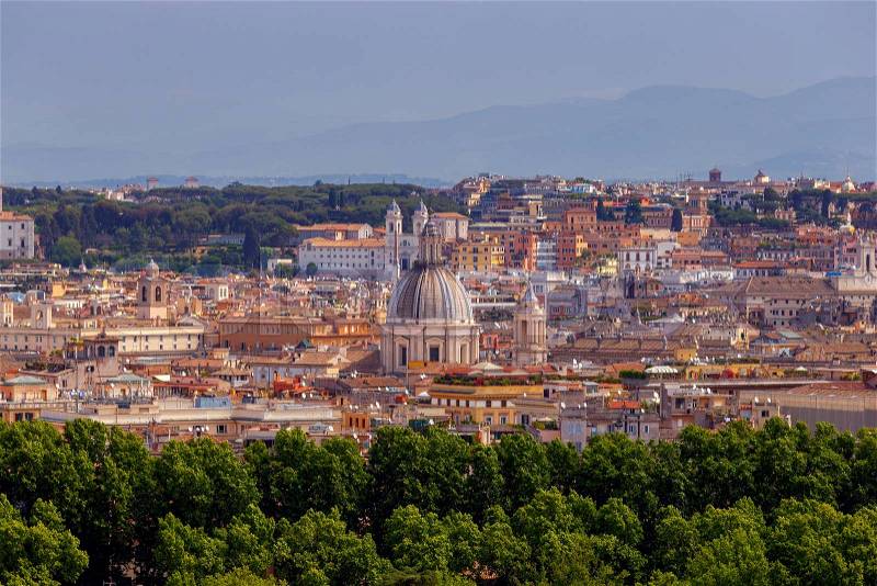 Aerial view of Rome from top of the Aventine hill on a sunny day, stock photo