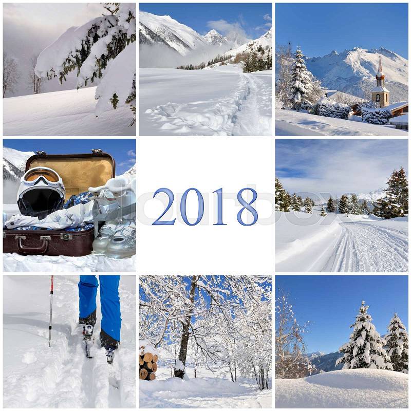 2018 greeting card with collage of winter sport, stock photo