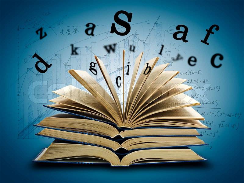 The Magic Book and the letters on a dark background with formula Education concept, stock photo
