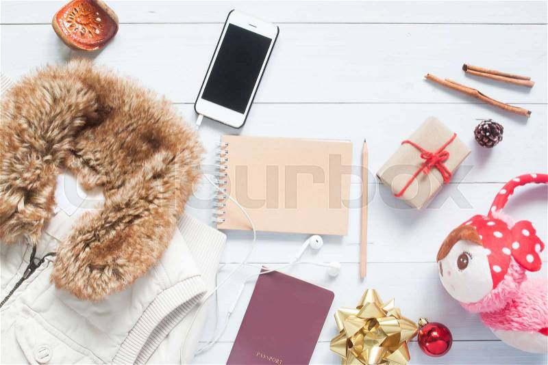 Overhead view of Traveler\'s items, Vacation accessories, Travel concept with gift box and ornaments, stock photo