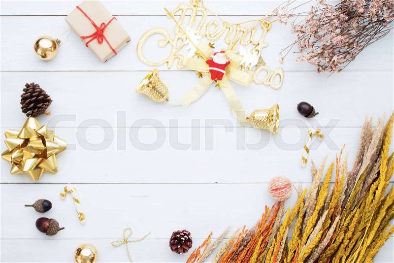 Christmas background, ornaments gift boxes art object isolated on white wooden background, Composition for card, stock photo