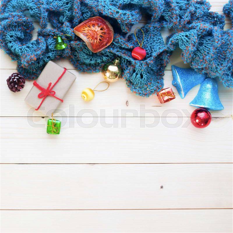 Christmas background, ornaments gift boxes art object on wooden background, Composition for card, stock photo