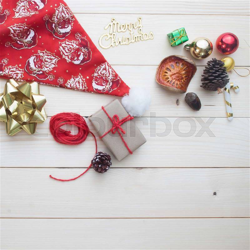 Christmas background, ornaments gift boxes, accessories on wooden background, Composition for card, stock photo