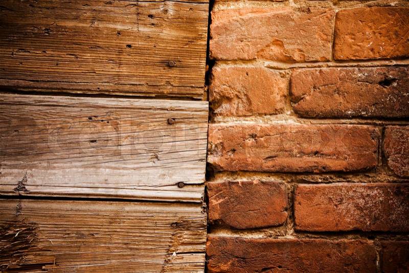 Old bricks and wood textures, special toned, focus point on center, vignetting, stock photo