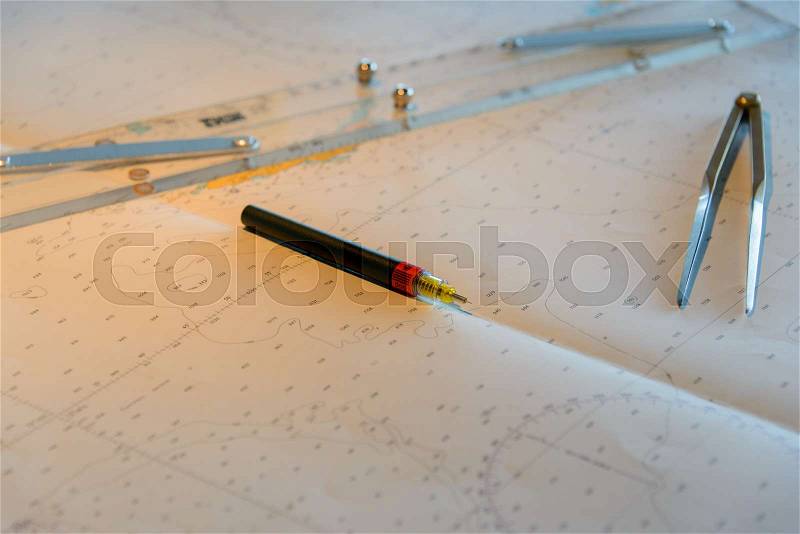 Map and navigational equipment, dividers, stock photo