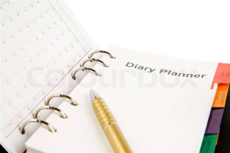 Personal organizer isolated on white background, focus point on nearest part, stock photo