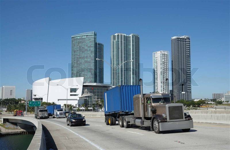 Trucks on the Bridge at Downtown Miami, Florida USA, stock photo