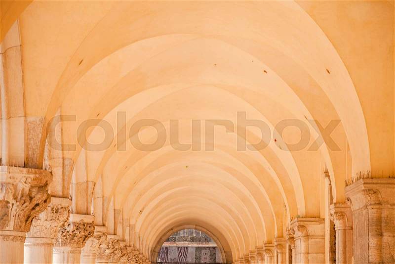 Venice, Italy. Detail of Palazzo Ducale Gallery prospective, stock photo