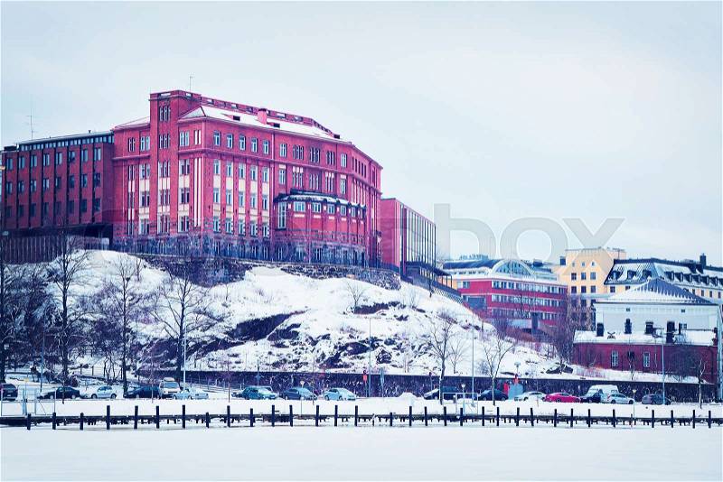 Phychologicum University building at the embankment of Helsinki, Finland in winter, stock photo