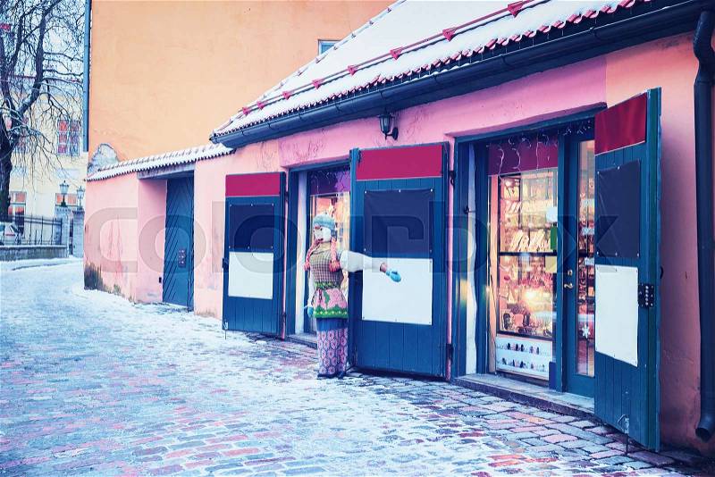 Shop at Ancient Street in the Old city of Tallinn, Estonia in winter, stock photo