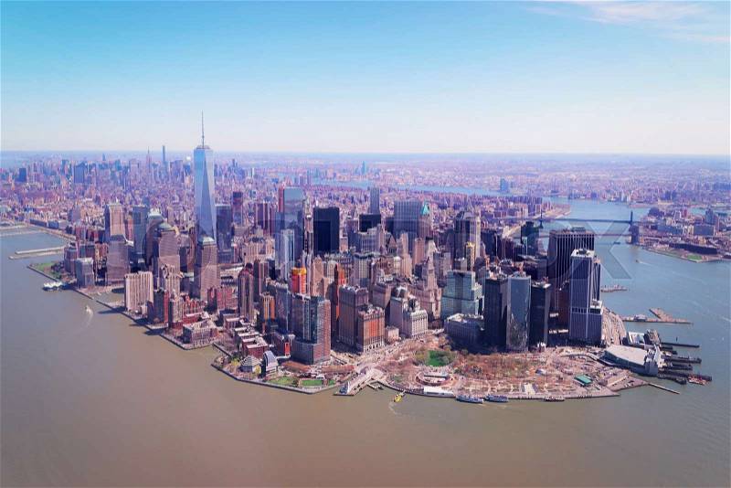 Aerial view on Manhattan with Hudson River and East River, New York, USA, stock photo