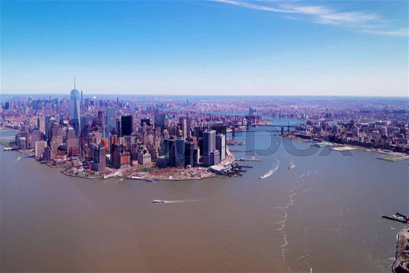 Aerial view on Manhattan with Hudson River and East River, NYC, New York, USA, stock photo