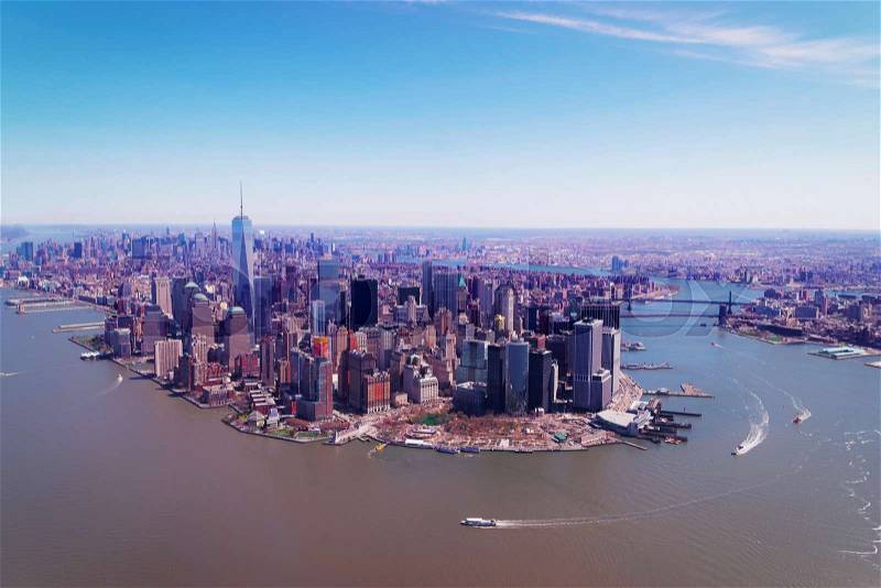 Manhattan with East River and Hudson River, New York, USA, stock photo