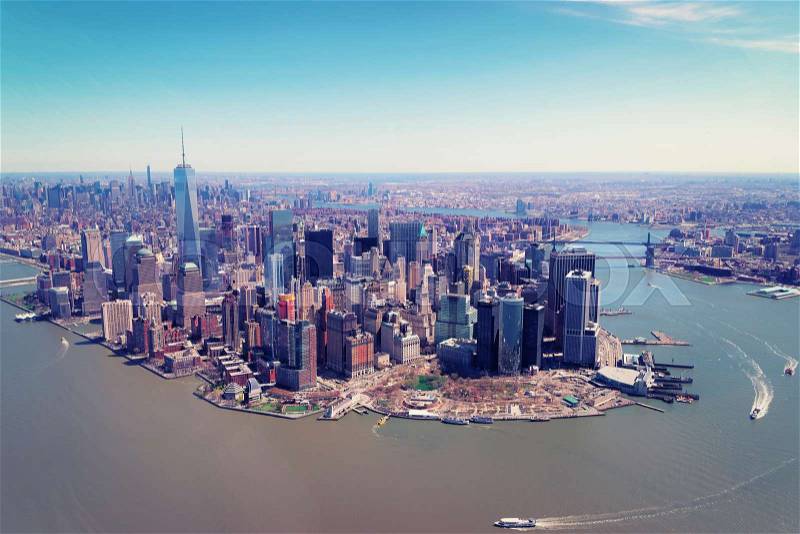 Aerial view on Manhattan and Hudson River and East River, New York, USA, stock photo