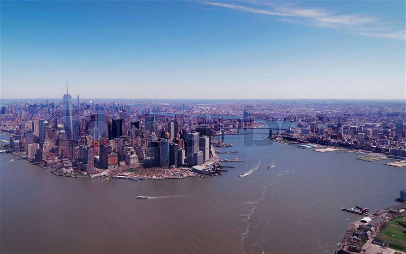 Aerial view on Manhattan and Hudson River and East River, NYC, New York, USA, stock photo