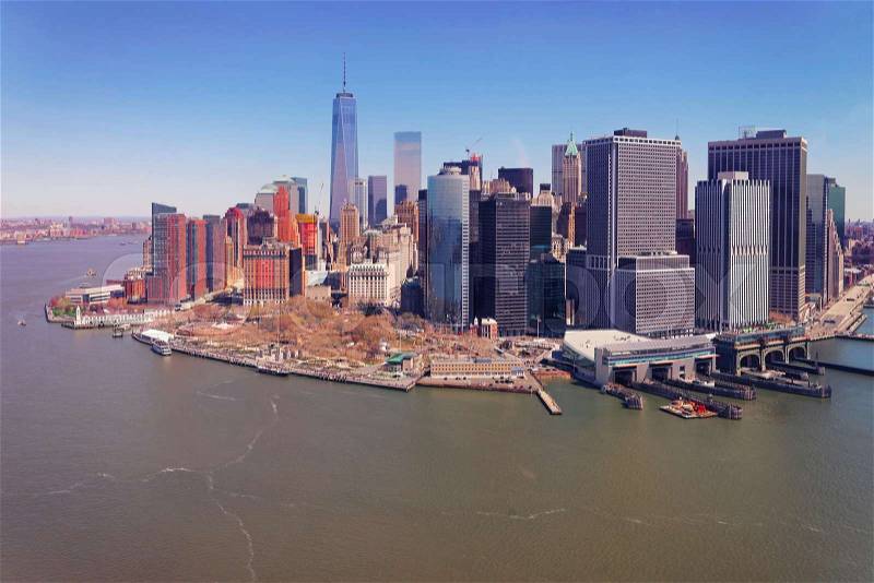 Manhattan and East River and Hudson River, New York, USA, stock photo