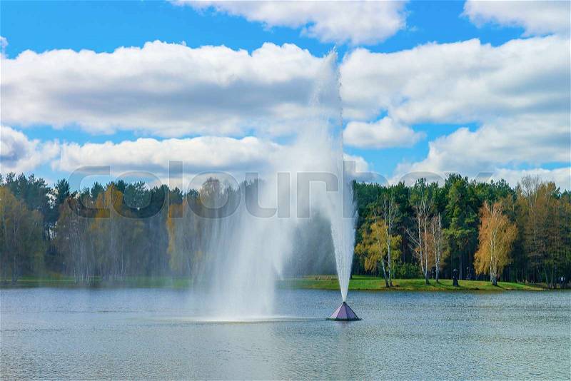Water fountain in Druskonis Lake and the nature in Druskininkai, Lithuania, stock photo
