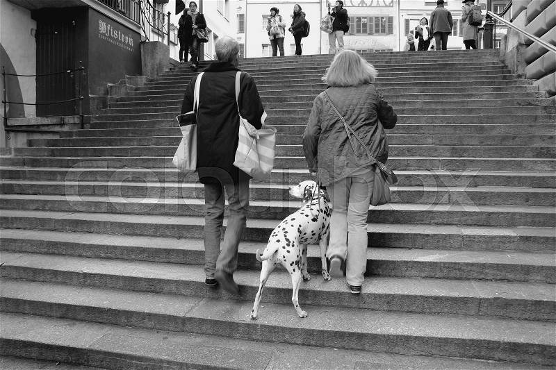 The couple, man and wife with the dog are walking upstairs through the staircase in the shopping centre of Lucerne in Switzerland in the autumn in black and white, stock photo