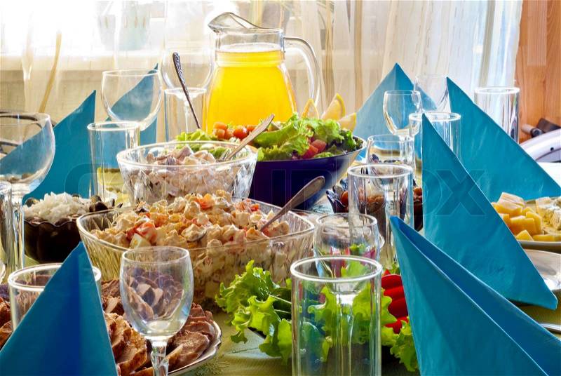 Lot of food on the table at celebration, stock photo