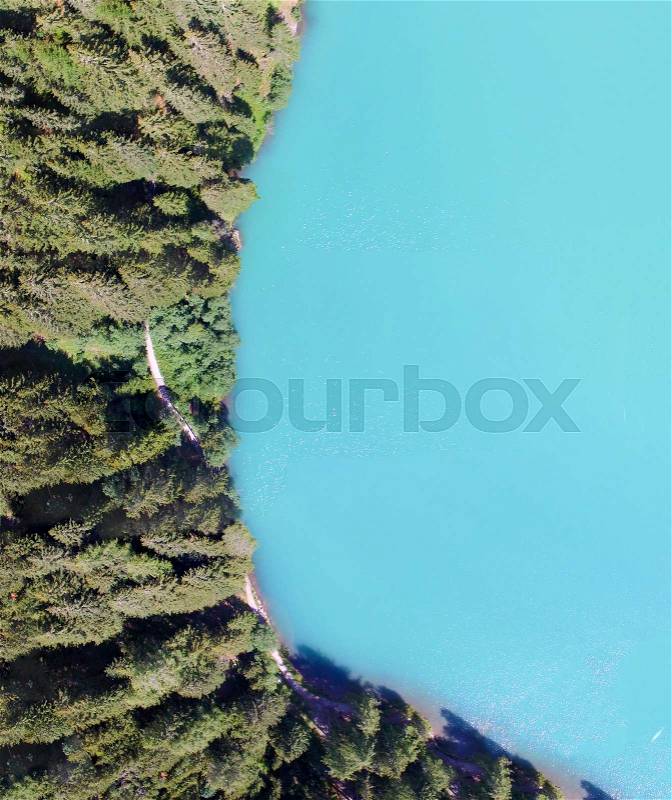 Beautiful mountain lake, overhead panoramic aerial view in summer season, stock photo