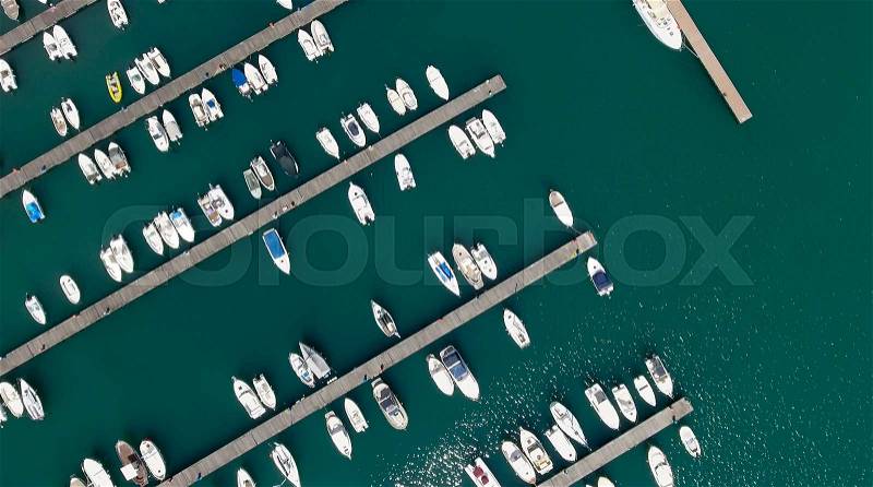 Overhead view of docked boats in the port, stock photo