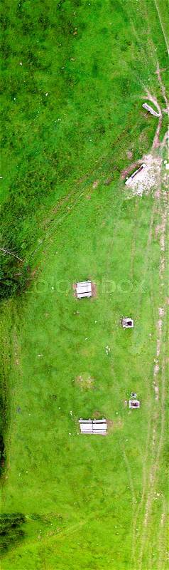 Overhead aerial panoramic view of mountain meadows in summer season, stock photo